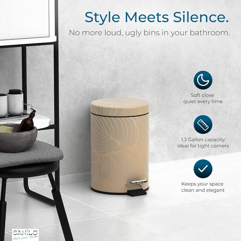 Sanilo Small Bathroom Trash Can with Lid [1.3 Gallon] - Lidded Tiny Trashcan for Garbage - Mini Metal Bin with Soft Closing Mechanism - Bath Room Accessoire Wastebin with Inner Bucket (Hosta) - Image 3
